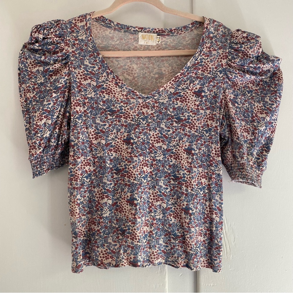 Nation LTD Celine Puff Sleeve V-Neck Cotton Tee Shirt Cherry Blossom Pima Cotton